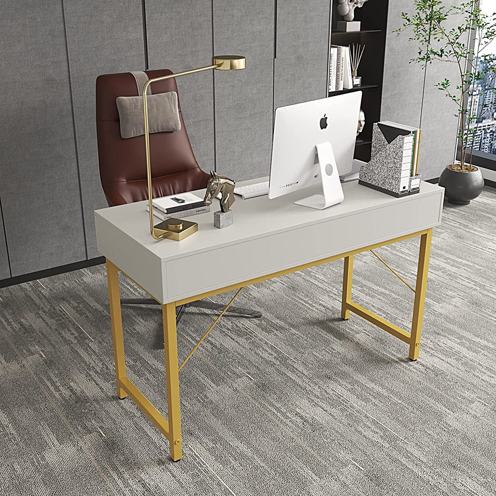 White Home Office Desk With Drawer And Monitor Stand