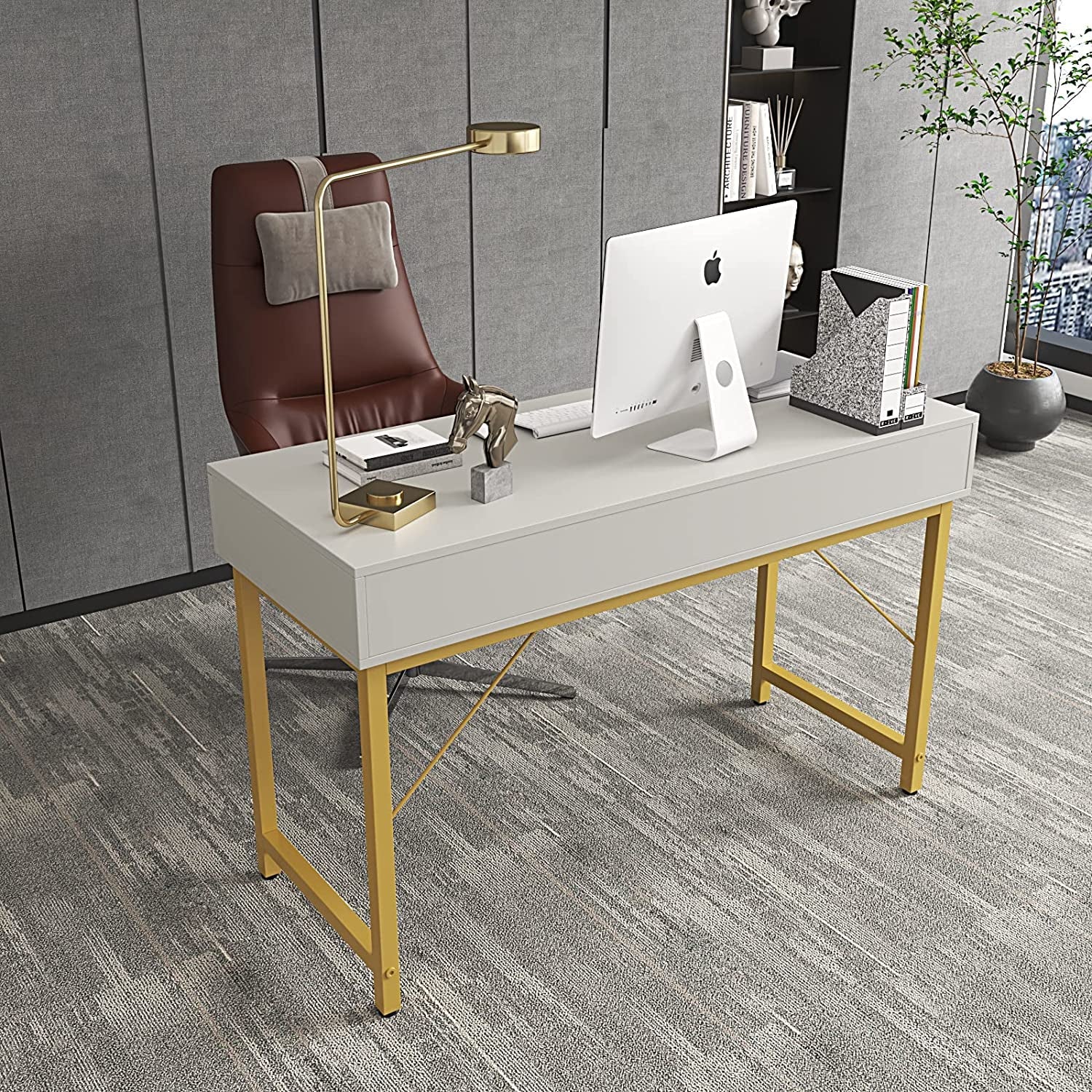 White Home Office Desk With Drawer And Monitor Stand