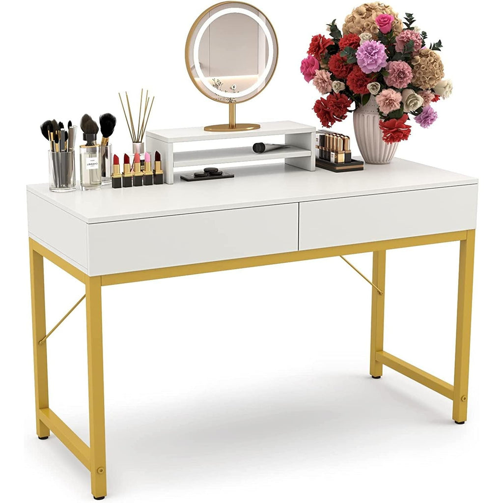 White Home Office Desk With Drawer And Monitor Stand