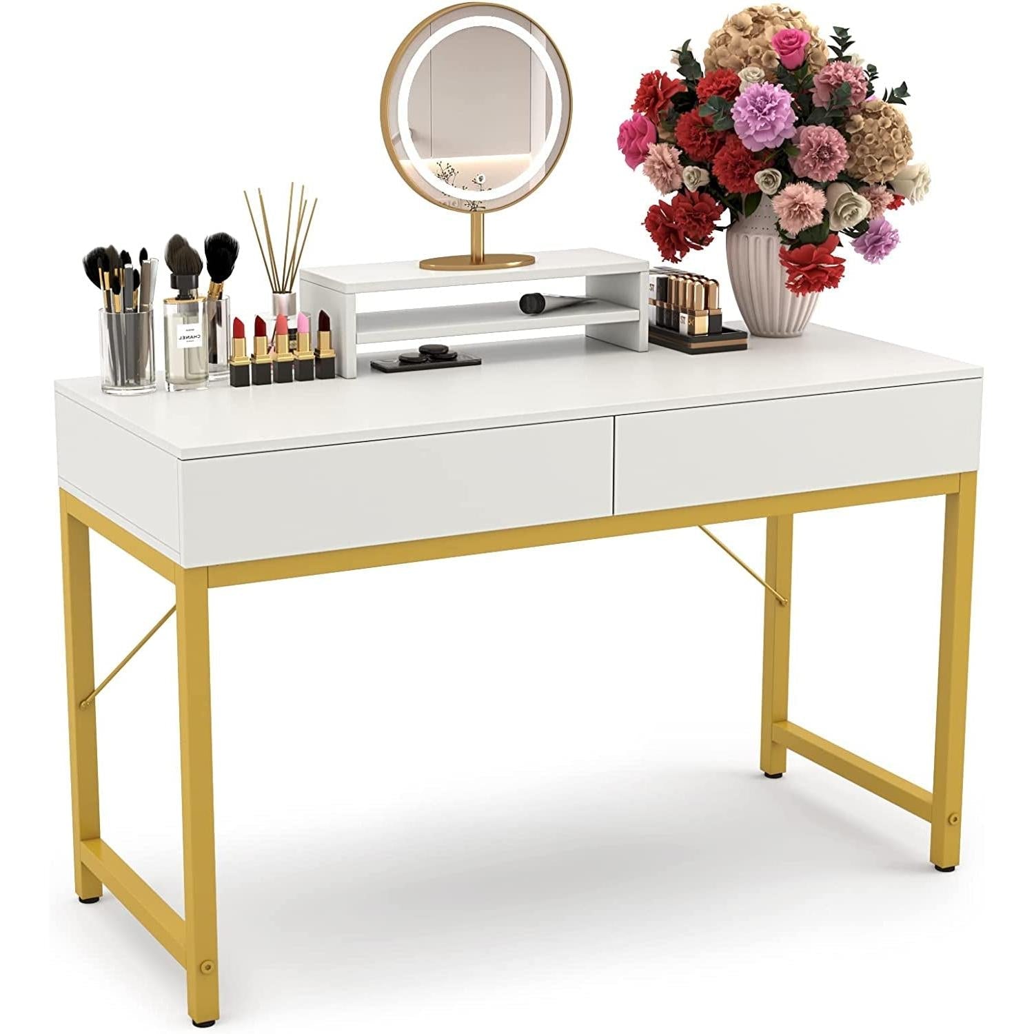 White Home Office Desk With Drawer And Monitor Stand