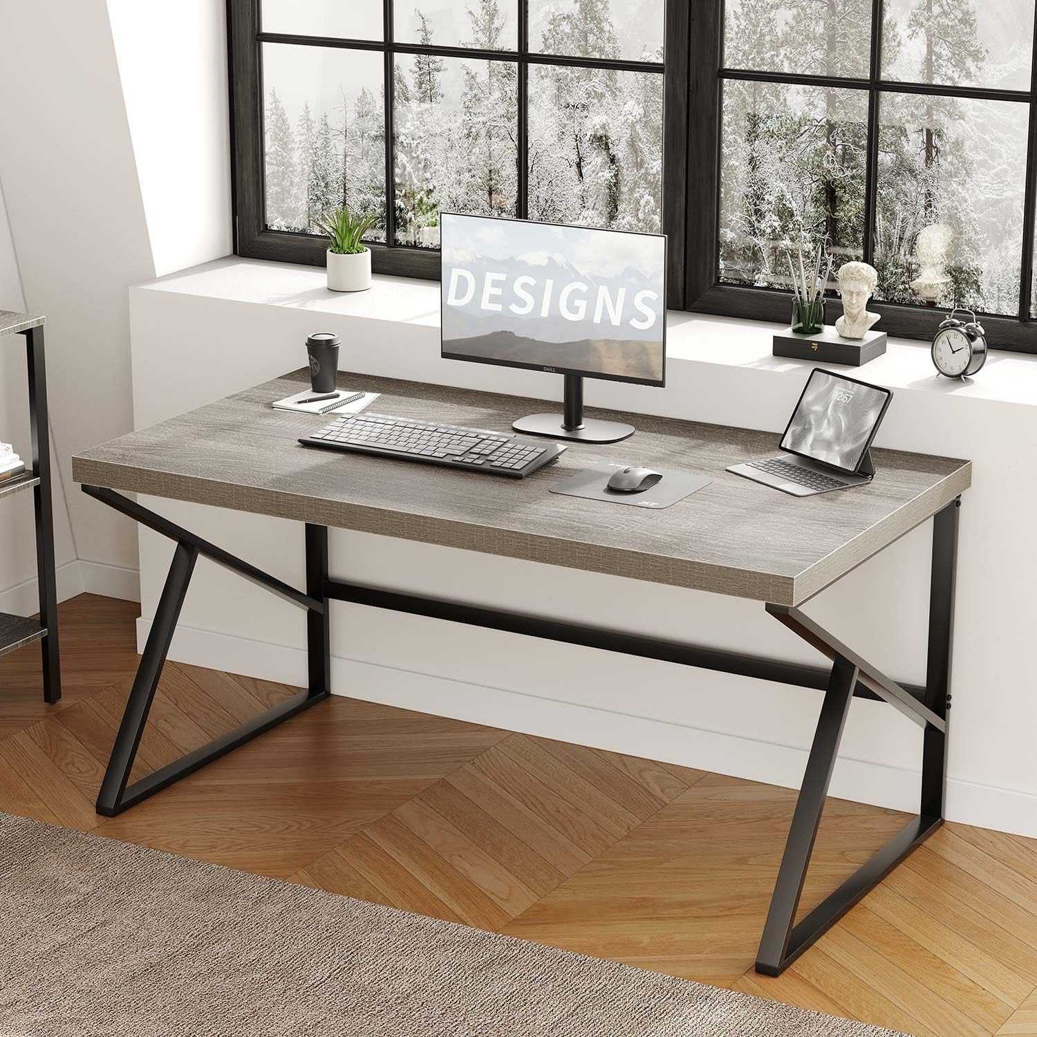 Gray Industrial Computer Desk for Home Office and Gaming