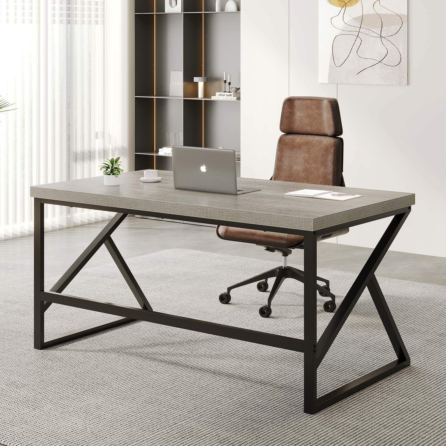 Gray Industrial Computer Desk for Home Office and Gaming